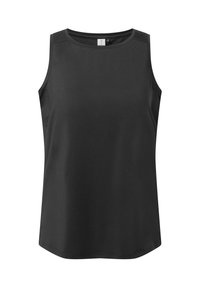 Black sleeveless top made of smooth fabric. Features a round neckline and a relaxed fit, with minimal seams and no additional embellishments.