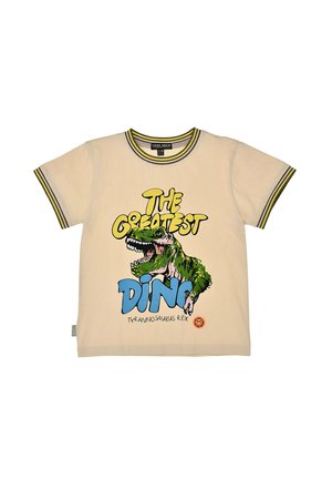 Beige short-sleeve children's t-shirt with yellow and black striped trim, featuring a colorful Tyrannosaurus Rex and text "The Greatest Dino."