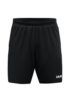 Pantaloncini sportivi neri con cintura elastica e logo bianco "JAKO" sulla parte inferiore della gamba sinistra, mostrati su uno sfondo bianco semplice.