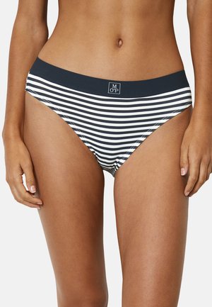 Gestreepte bikini slip met een marineblauwe tailleband. Bevat fijne witte en marineblauwe strepen, een zachte textuur en een klein merkembleem aan de voorkant.