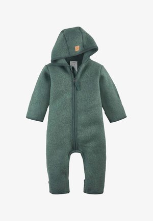 Grüner Fleece-Einteiler mit Kapuze, ausgestattet mit einem Frontreißverschluss, gerippten Bündchen und einem kleinen Leder-Logopatch auf der Brust.