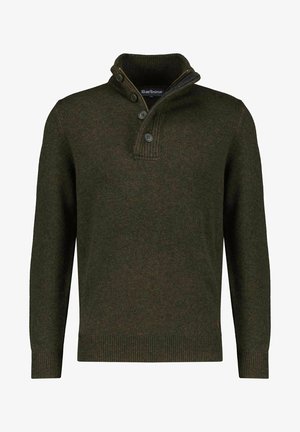 Donkergroene gebreide trui met een hoge kraag, twee knopen en geribde manchetten en onderkant. Zachte textuur en casual ontwerp.