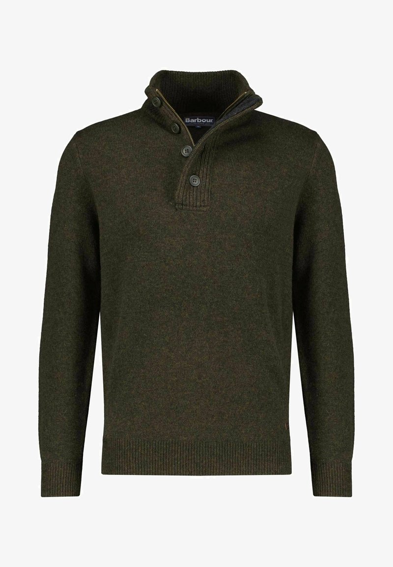 Donkergroene gebreide trui met een hoge kraag, twee knopen en geribde manchetten en onderkant. Zachte textuur en casual ontwerp.