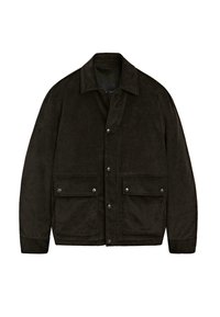 Giacca in corduroy marrone scuro con colletto, bottoni a scatto e due tasche frontali. Presenta una texture morbida e un design semplice e strutturato.