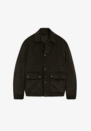 Dark brown corduroy jacket with a collar, snap buttons, and two front pockets. Features a soft texture and a simple, structured design.