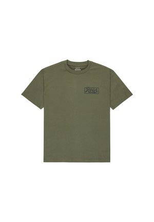 Olijfgroen katoenen T-shirt met korte mouwen, ronde hals en een borstzak aan de voorkant met het "RVCA"-logo in donkergrijs.