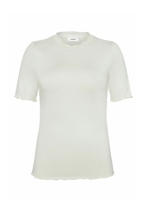 Kurzärmliges, hellgrünes Oberteil aus weichem Stoff mit einem runden, gewellten Ausschnitt und gewellten Ärmelenden.