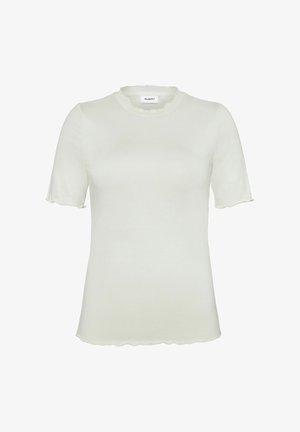 Lühikeste varrukatega, helesinine topp pehmest kangast, millel on ümmargune laineline kaelus ja lainelised varruka servad.