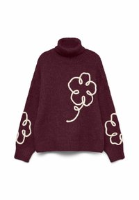 Burgundski pleteni pulover s turtleneckom, ki ima belo cvetlično vezenje na rokavih in telesu. Teksturna tkanina z ohlapnim krojem.