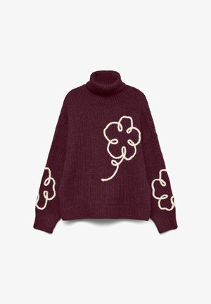 Maglione a collo alto di colore bordeaux, con ricami floreali bianchi su maniche e corpo. Tessuto testurizzato con vestibilità morbida.