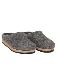 Gray felt clogs with a rounded toe, cork midsoles, and textured rubber outsoles. Minimalist design with no visible hardware.