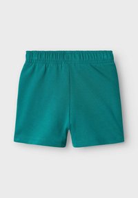 Shorts en coton teal avec une taille élastique. Design simple, longueur mi-cuisse, texture douce, sans motifs ni accents supplémentaires.