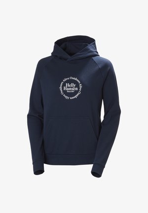 Granatowy hoodie z miękkiej tkaniny, z przednią kieszenią i kapturem na sznurku. Na piersi znajduje się okrągłe białe logo.