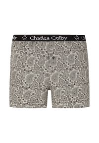 Herren-Boxershorts mit einem Paisleymuster in Schwarz und Weiß, einem schwarzen Bund mit dem "Charles Colby"-Logo und einem Knopfdetail auf der Vorderseite.