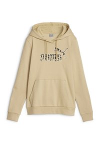 Sudadera con capucha beige con un bolsillo tipo canguro, que presenta un logo "PUMA" en negro y camuflaje en la parte frontal. Material de suave mezcla de algodón.