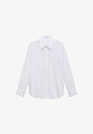 Weißes Langarmhemd mit breitem Kentkragen, das eine glatte Textur und eine Knopfleiste auf der Vorderseite aufweist.