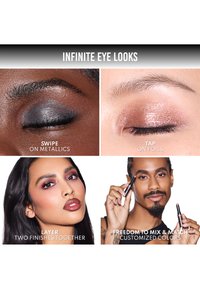 Vier panelen tonen oogmake-up technieken. Kenmerken zijn onder andere metallics, folies en verschillende finishes. Modellen tonen make-up applicatietools.