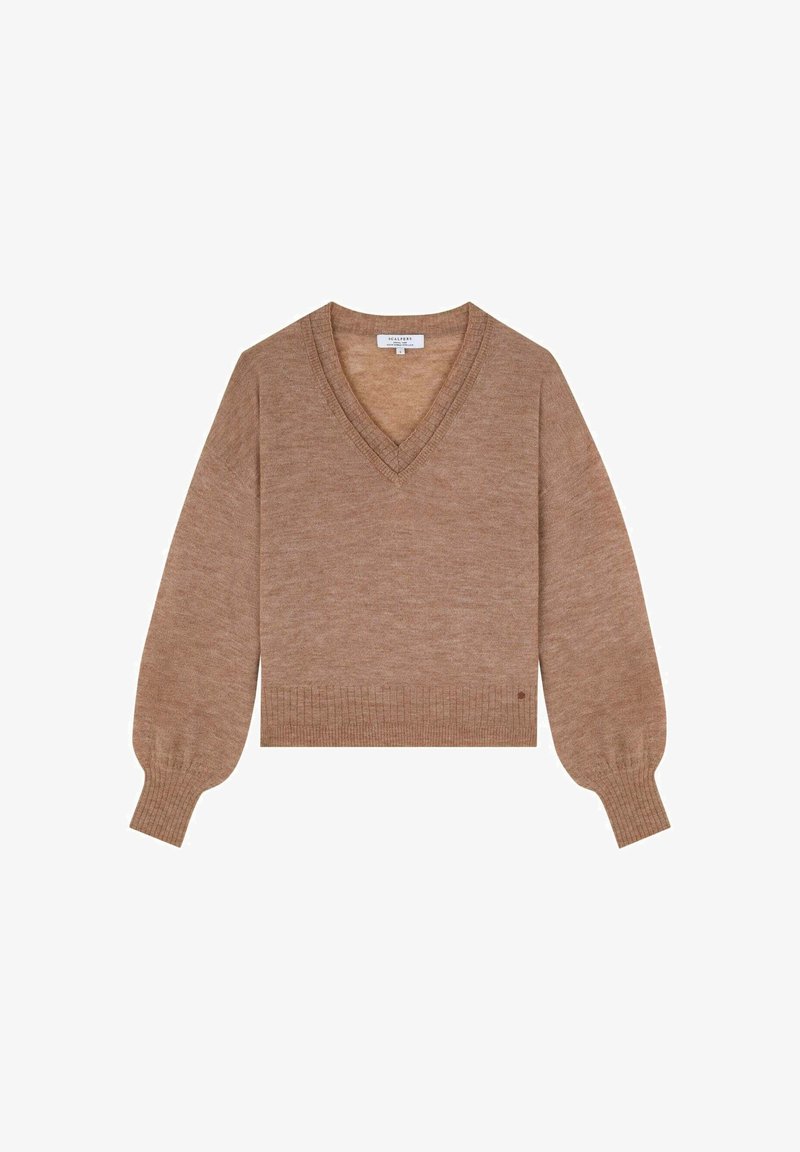 Pull marron à col en V, manches longues, tricoté avec des bords-côtes aux poignets et à l'ourlet, présenté à plat sur un fond blanc.