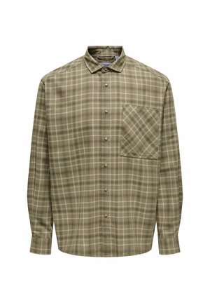 Olive green plaid button-up shirt with long sleeves, single chest pocket, and rounded collar; features a cotton-like texture.