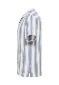 Camisa de manga corta hecha de una tela ligera, con rayas verticales en azul, gris y amarillo, con un delantero abotonado y dobladillo redondeado.