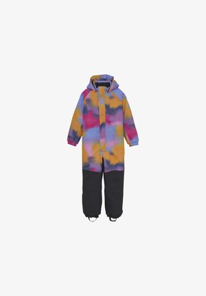 Combinaison de ski multicolore à une pièce présentant un motif tie-dye dans des teintes pastel. Tissu imperméable avec une capuche amovible et des sections de jambes noires.