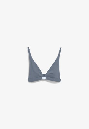 Bralette triangolare grigio, realizzato in tessuto morbido con spalline sottili e etichetta con logo al centro della fascia. Texture liscia, design minimalista.