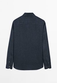 Dark gray long-sleeve button-up shirt with a collar, visible cuffs with buttons, and a straight back yoke seam.