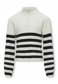 Wit en zwart gestreept sweater met een hoge kraag en een halve ritssluiting. De sweater heeft lange mouwen en een textuur gebreide stof.