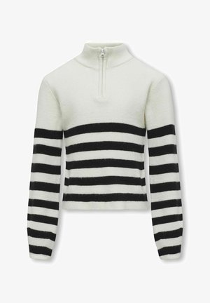 Λευκό και μαύρο ριγέ πουλόβερ με ψηλό γιακά και κλείσιμο με μισό φερμουάρ. Το πουλόβερ διαθέτει μακριά μανίκια και υφή πλεκτού υφάσματος.