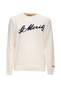 Maglione color crema realizzato in maglia con la scritta "St. Moritz" ricamata in blu navy. Maniche e orlo a coste. Design classico a girocollo.