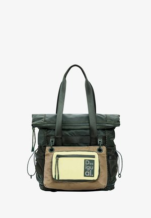 Grüne und beige Umhängetasche mit Reißverschluss oben, zwei Griffen, Vordertasche, Netztaschen an den Seiten und einem Logo vorne.