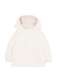 Giacca bianca soffice con cappuccio, dotata di una fodera interna rosa chiaro, polsini elastici e chiusura frontale con zip. Texture morbida.