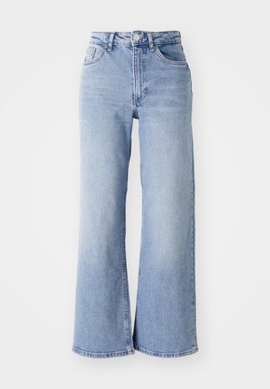 Light blue high-waist wide-leg jeans with front and back pockets, button closure, and subtle fading on the thighs and hems.
