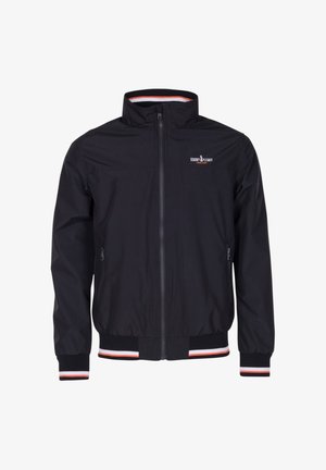 Giacca leggera nera con chiusura a zip, colletto alto, due tasche laterali, strisce bianche e arancioni a contrasto su polsini e orlo, e dettaglio del logo.