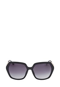 Zwarte hexagonale zonnebril met gradiëntlenzen, voorzien van een glad kunststof montuur en metalen accenten op het montuur.