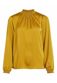 Blouse en satin jaune moutarde avec col montant et bord élastique froncé, dotée de manches longues à poignets élastiques et d'une texture lisse.