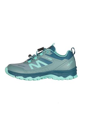 Child's teal and blue waterproof hiking shoe with adjustable bungee laces, pull tabs, and textured sole for traction.