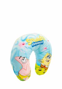 Cuscino da viaggio a forma di U a tema SpongeBob, realizzato in tessuto morbido, con colori vivaci blu, giallo e rosa, featuring stampe dei personaggi.