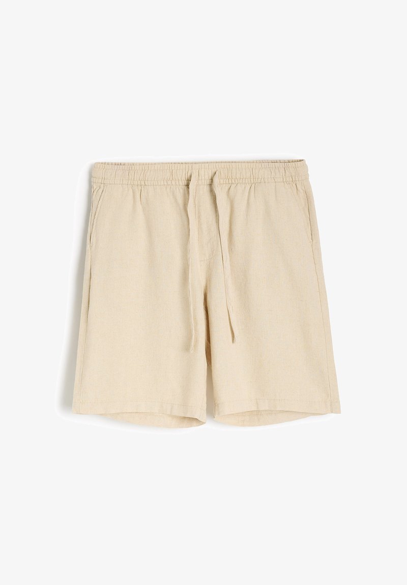Beżowe lniane szorty z elastycznym pasem i sznurkiem, posiadające boczne kieszenie oraz luźny krój. Gładka tekstura, długość do kolan.