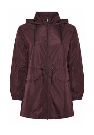 Bordeauxroter Regenmantel mit Kapuze, Frontreißverschluss, verstellbaren Kordeln an Kapuze und Taille, zwei Klappentaschen und elastischen Bündchen.