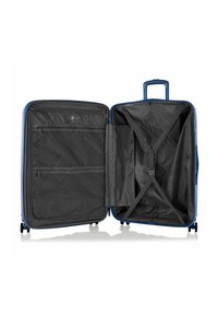 Blue hard-shell suitcase with zipper closure, spacious interior, grey fabric lining, multiple compartments, and adjustable interior straps.