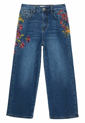 Jean en denim bleu foncé à jambes larges, avec une broderie florale rose et jaune sur les deux côtés avant. Conception classique à cinq poches.
