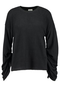 Svart fleece-pullover med långa, lösa ärmar, rund halsringning och en avslappnad passform. Mjuk textur med ribbade manschetter för en bekväm bärning.