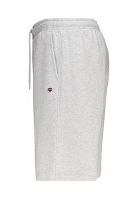 Shorts grigi chiaro in misto cotone con elastico in vita e cordoncino. Presentano tasche laterali e un piccolo logo ricamato sulla coscia.