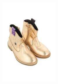 Stivaletti alla caviglia metallici oro con chiusura con zip, linguette di glitter viola a contrasto, ricamo a forma di stella e finitura in pelle testurizzata. Suole piatte.