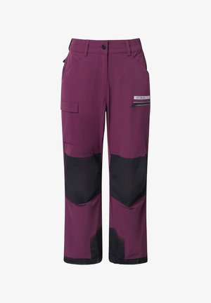 Fioletowe spodnie outdoorowe z czarnymi akcentami, wyposażone w kieszeń na zamek, kieszeń cargo oraz regulowany pas. Wykonane z lekkiego, trwałego materiału.