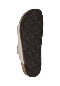 Schoenen met een beige suede bovenkant en een kurken middenzool. Voorzien van een rubberen buitenzool met een gestructureerd patroon en verstelbare zijklanten.