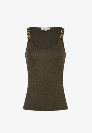 Canotta senza maniche verde oliva scuro glitterata con scollo a giro e anelli decorativi dorati su entrambe le spalline.