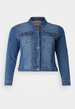 Jeansowa kurtka w średnim odcieniu niebieskiego, z zapięciem na guziki z przodu, dwoma kieszeniami na piersi i długimi rękawami. Klasyczny design z delikatnymi przetarciami.