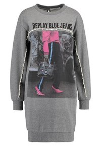 Vestido sudadera gris con estampado gráfico, detalles de cuentas a lo largo de los lados y un corte holgado con mangas largas.
